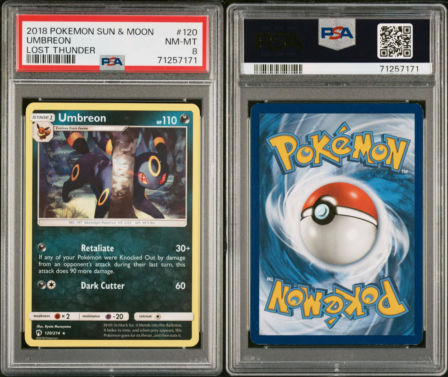 UMBREON LOST THUNDER PSA 8