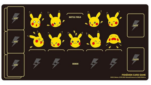 A rectangular Pokémon Card Game playmat with a dark brown background featuring multiple yellow Pikachu faces in different expressions, lightning bolt icons, and the text 'BATTLE FIELD', 'BENCH', and 'POKÉMON CARD GAME'.