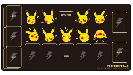 A rectangular Pokémon Card Game playmat with a dark brown background featuring multiple yellow Pikachu faces in different expressions, lightning bolt icons, and the text 'BATTLE FIELD', 'BENCH', and 'POKÉMON CARD GAME'.